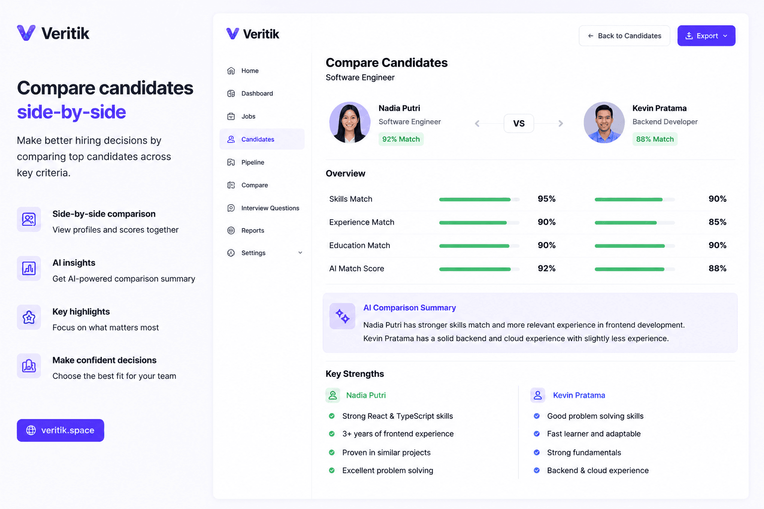 Veritik side-by-side candidate comparison